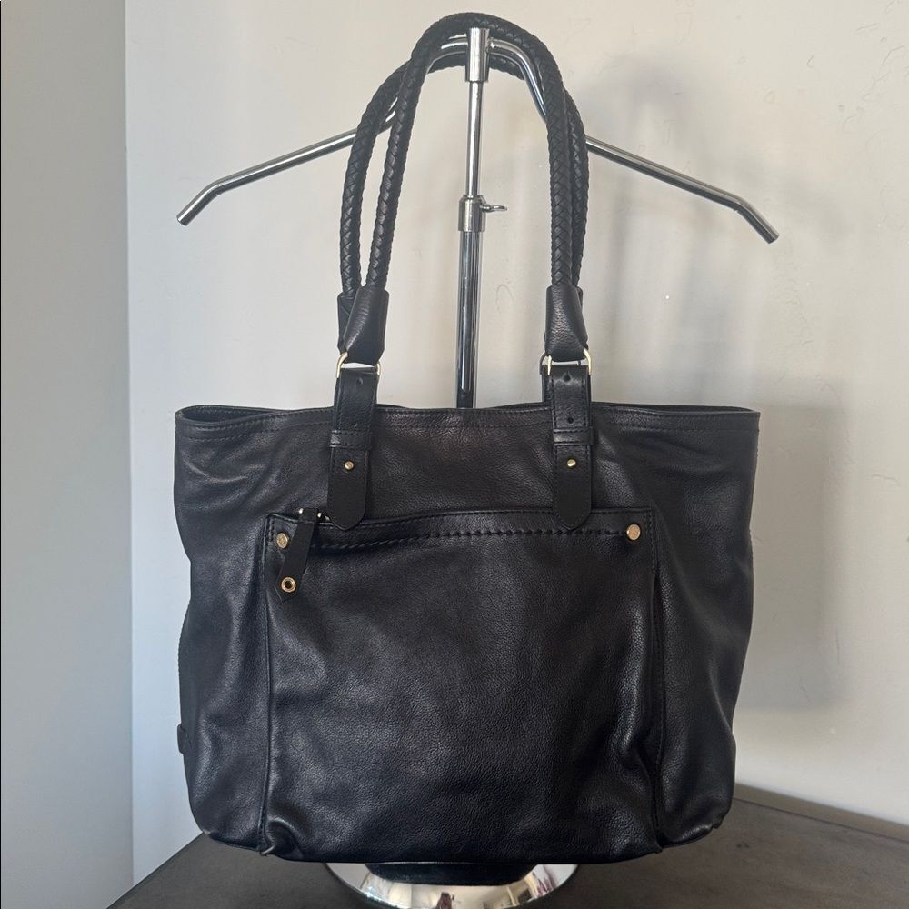 Cole Haan Black Leather Tote Bag Shoulder Handbag Gold-Tone Accents Casual Sleek